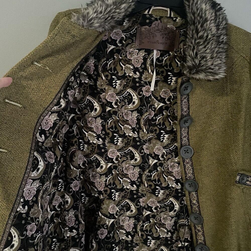 Free People Pea Coat Wool Silk Faux Fur Collar Women's Sz 10 Green Tweed Ribbon - Picture 9 of 16